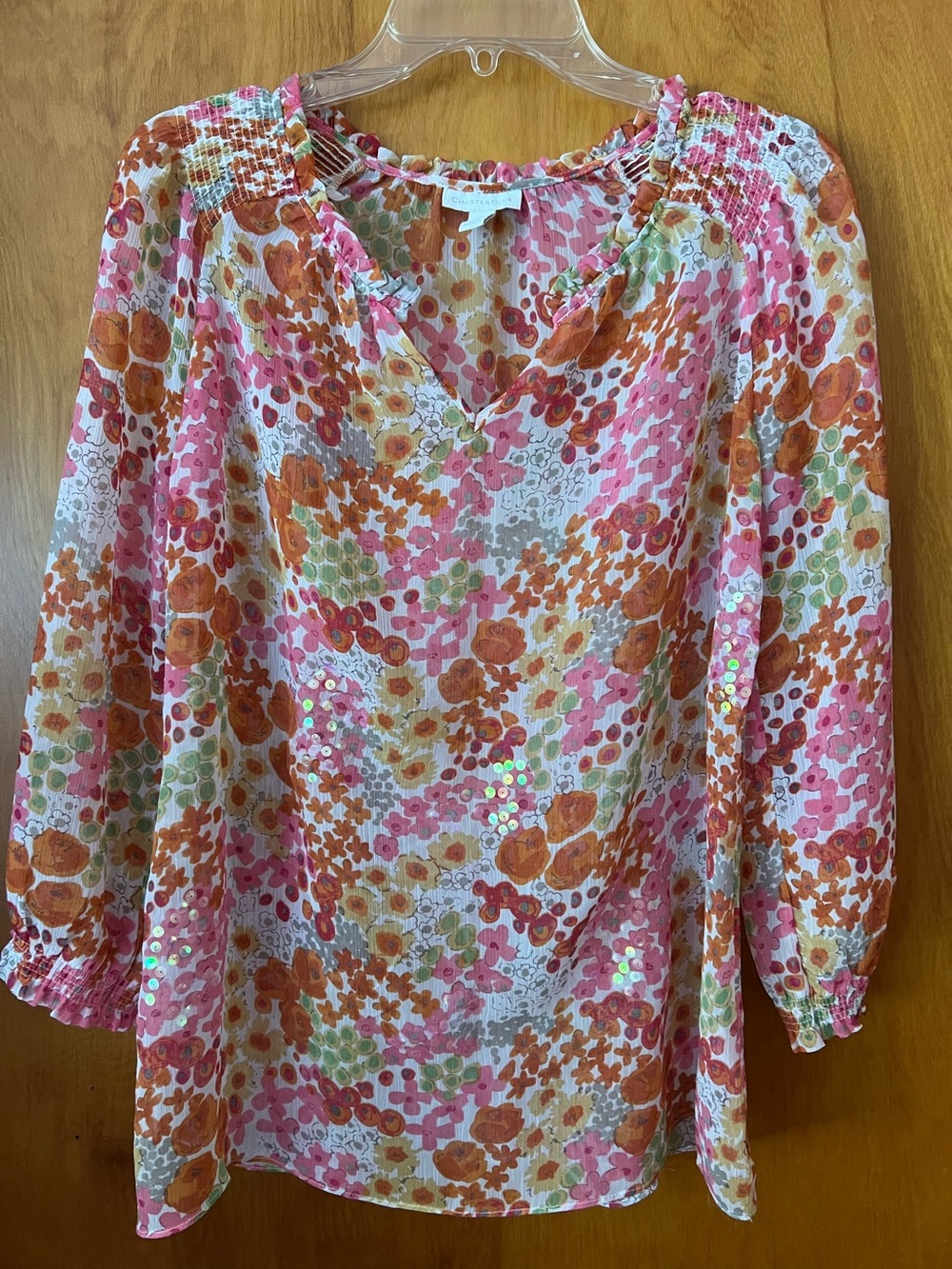 Charter Club size medium cropped sleeve pink/orange floral top with sequins